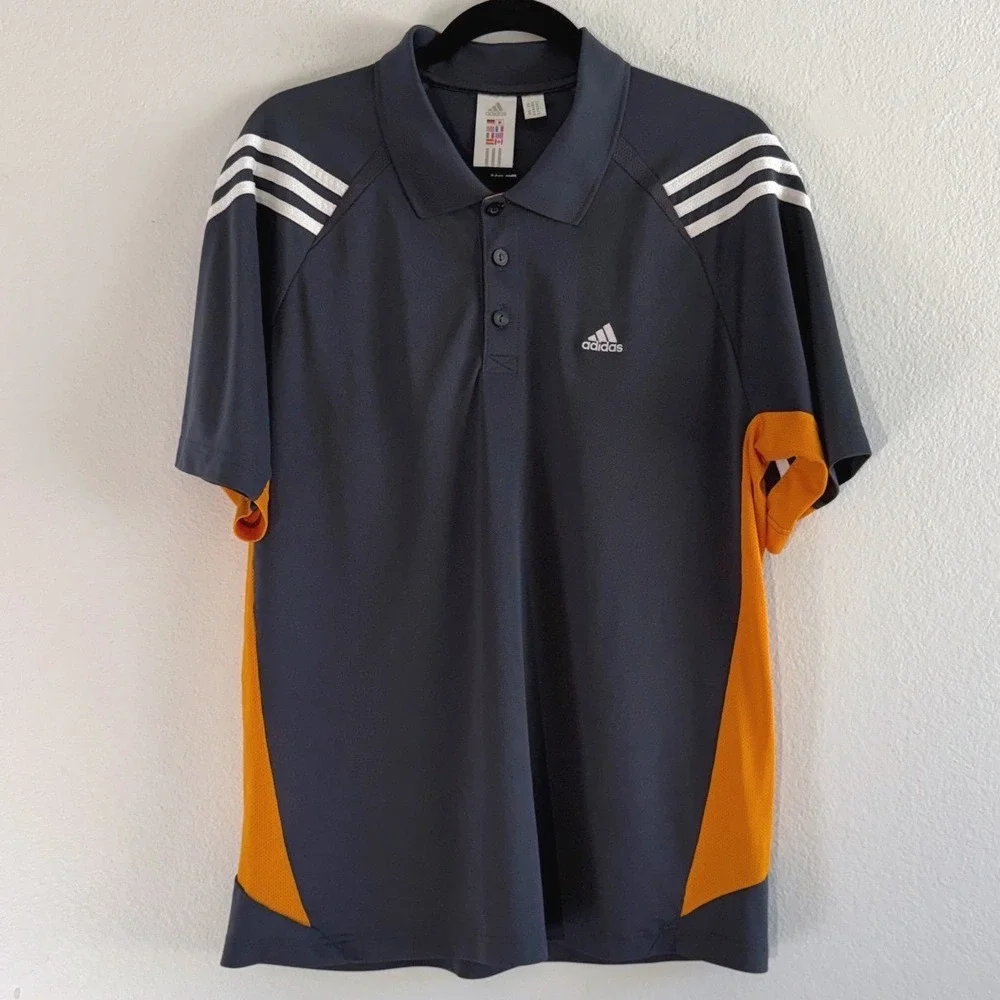 Vintage Adidas Mens 2XL Gray Orange 3-Stripe Polo Shirt Athletic Golf Tennis